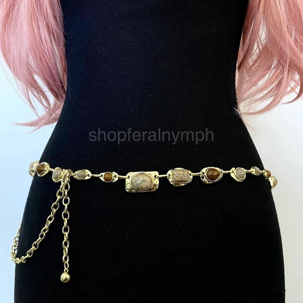 Gold Y2K Earthy Marbled Stone Boho Waist Chain Belt, Fits 29-45 Inches, X7GA1402